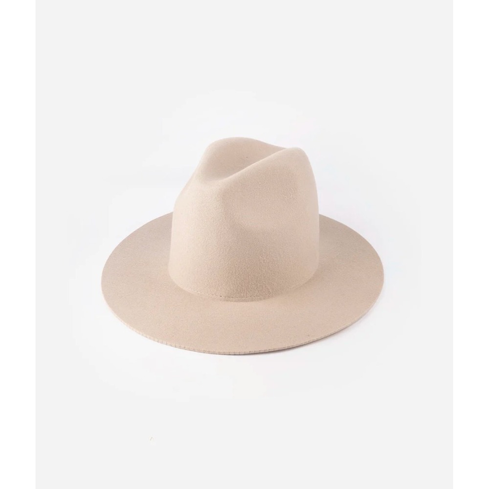 Gigi Pip Billie Tall Fedora Hat Taupe Wool Wide Brim Pinched Crown